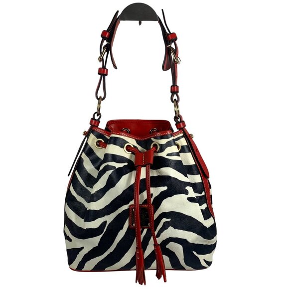 DOONEY BOURKE Zebra Drawstring Bucket Bag Red Leather Trim Buckle Strap EUC - Picture 1 of 15
